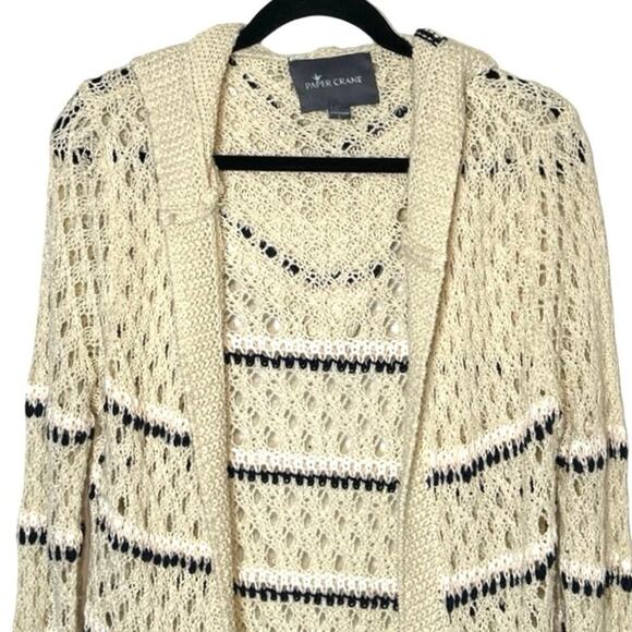Paper Crane Women’s Striped Open Front Hooded Cardigan Beige Size Large - Picture 3 of 8